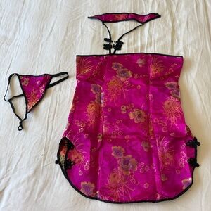 Hot Pink Satin Brocade Halter Top Chinese Cheongsam Style Lingerie Set Open Back